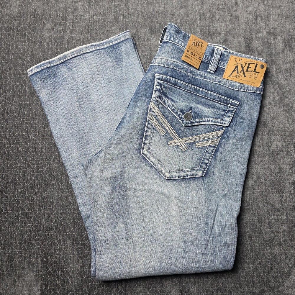 TK Axel Wolcott Jeans Vintage Boot 38x30 Light Wash Flap Pocket Thick Stitch